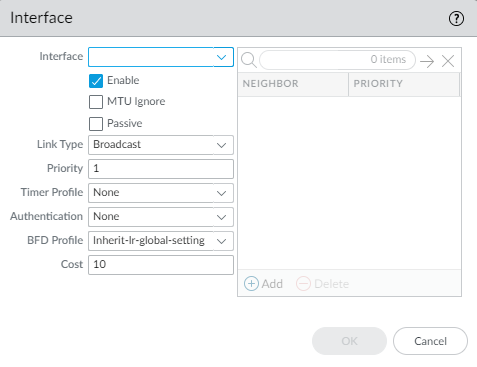 OSPF Interface configuration window.